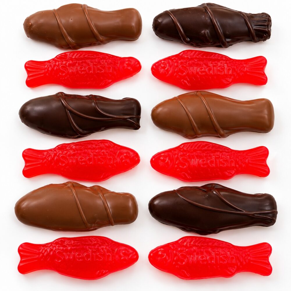 Chocolate covered gummy bears and Swedish Fish from Van Holten’s Chocolates